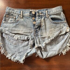 One Teaspoon Frayed Hem Jean Shorts - Blue